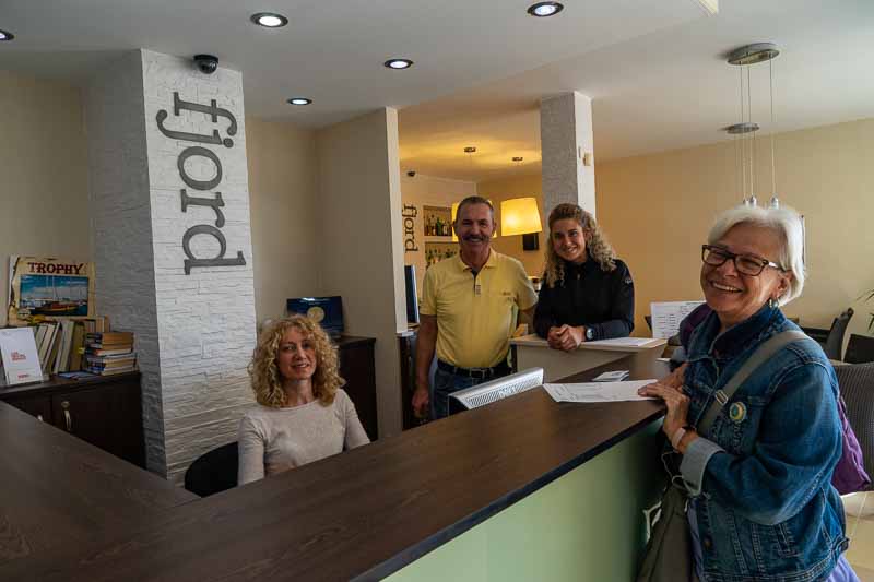 Saying goodbye to the staff at hotel fjord