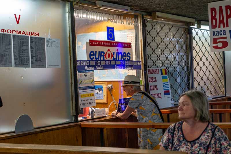 Cindy getting bus tickets to our next destination; Veliko Turnovo